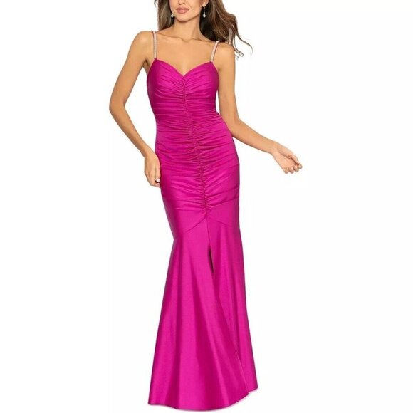 Xscape Fuchsia Satin Sweetheart Neckline Sleeveless Ruched Mermaid Gown Size 6 - Picture 1 of 7